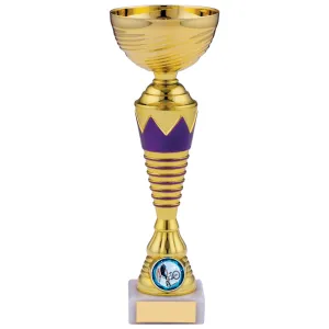Gold Trophy Cup with Purple Crown and Rings Design