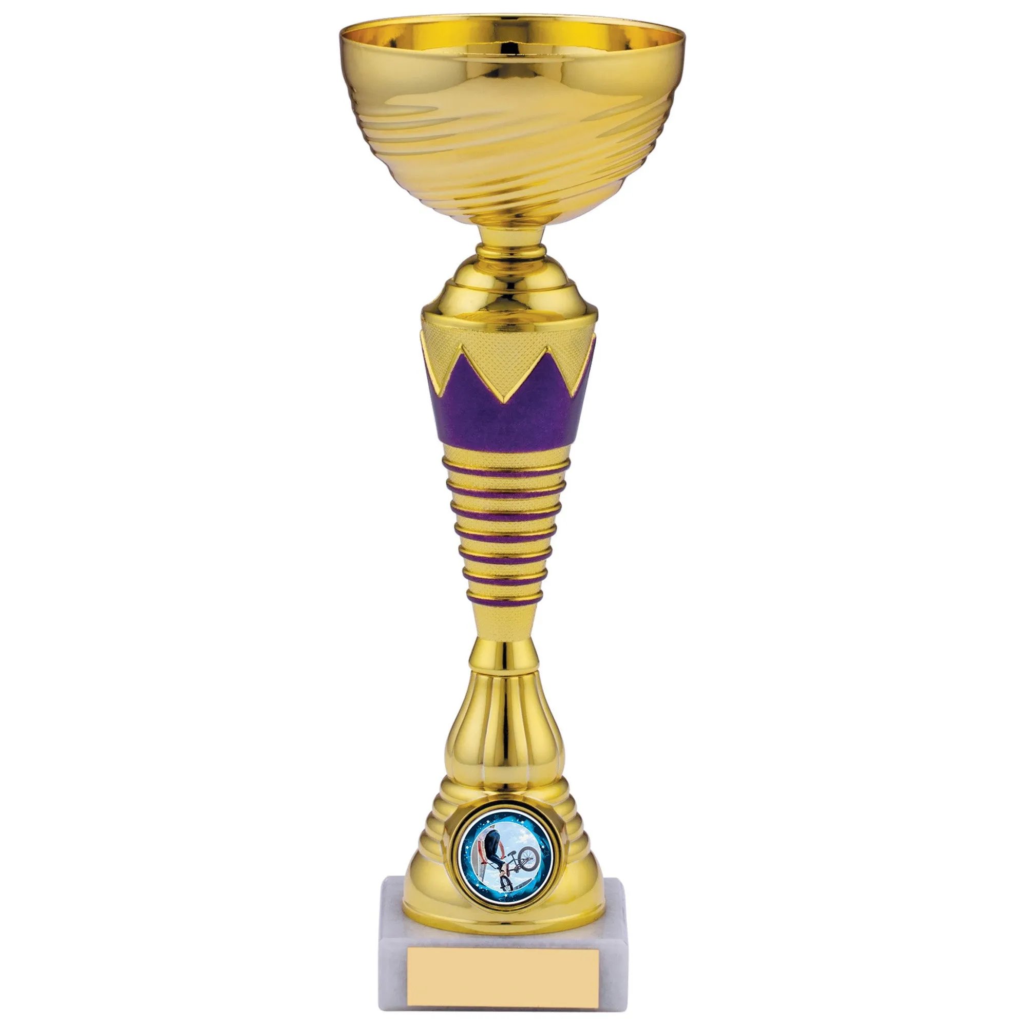 Gold Trophy Cup with Purple Crown and Rings Design