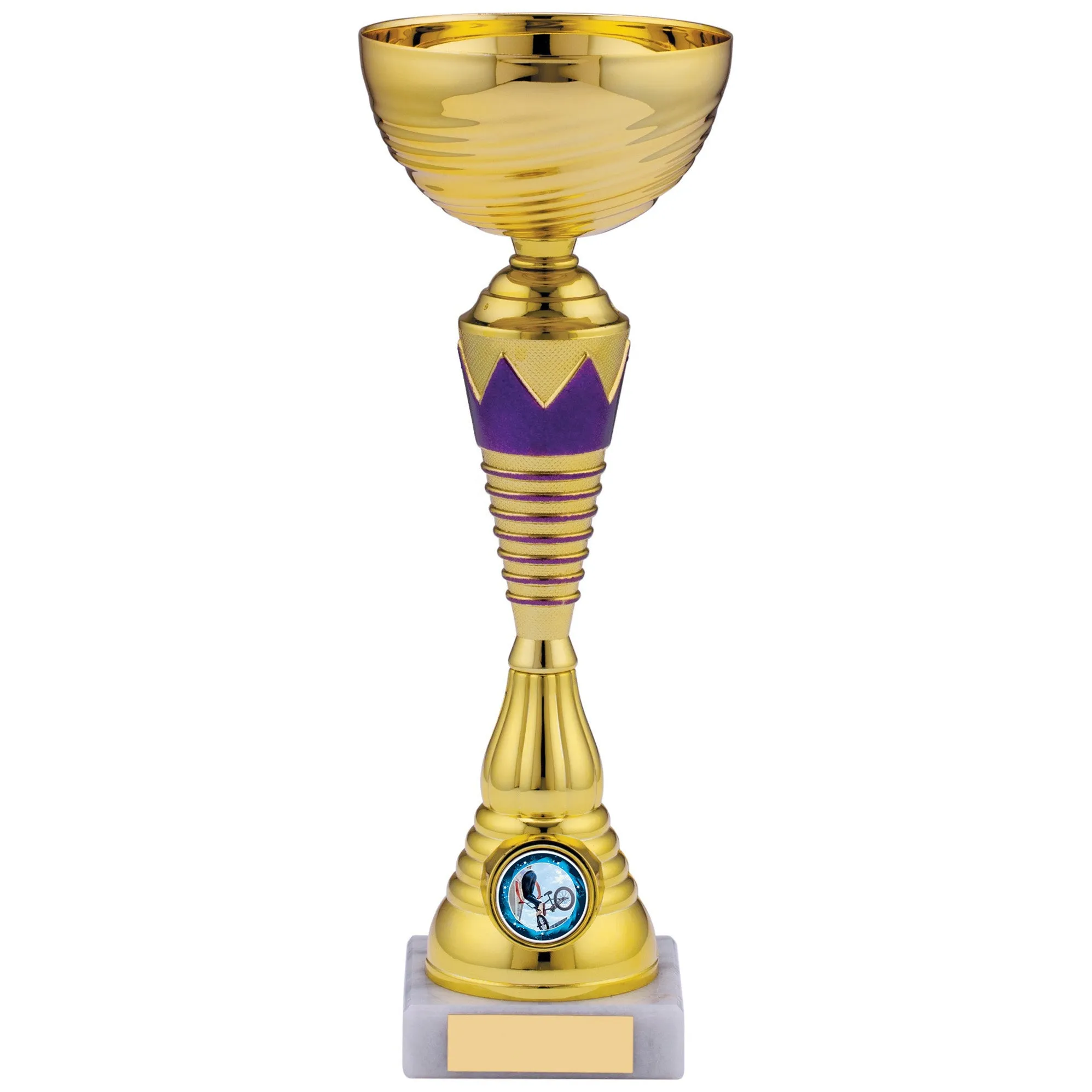 Gold Trophy Cup with Purple Crown and Rings Design
