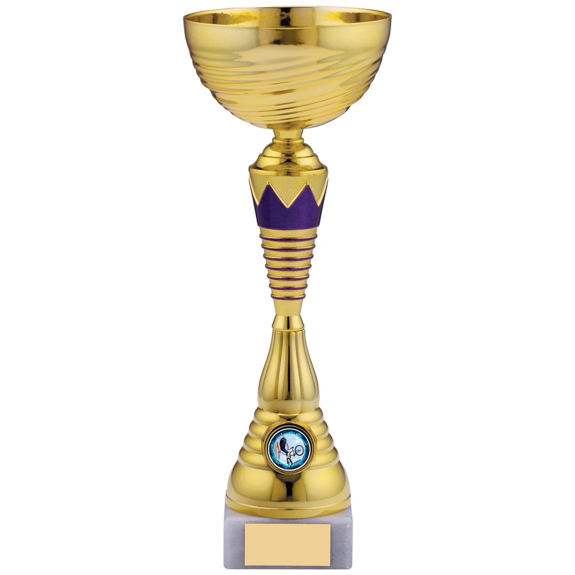 Gold Trophy Cup with Purple Crown and Rings Design
