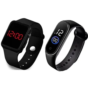 Goldenize Fashion Colourful Kids Touch Digital LED Day Date Black Display With Slim Touch Band Stylish Kids Unisex Birthday Gift Digital Fashion Watch for Boys Girls and Kids (Combo Pack of 2) (Black)