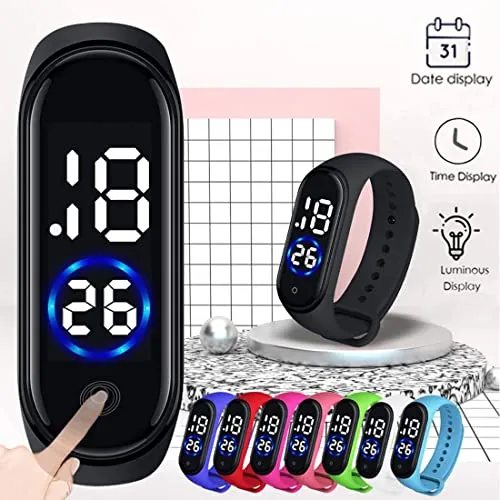 Goldenize Fashion Colourful Kids Touch Digital LED Day Date Black Display With Slim Touch Band Stylish Kids Unisex Birthday Gift Digital Fashion Watch for Boys Girls and Kids (Combo Pack of 2) (Black)