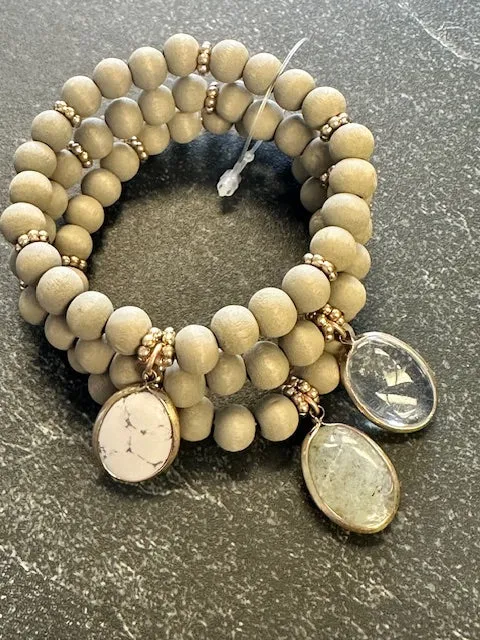 Gray Wood and Stone Bracelet Stacking Set