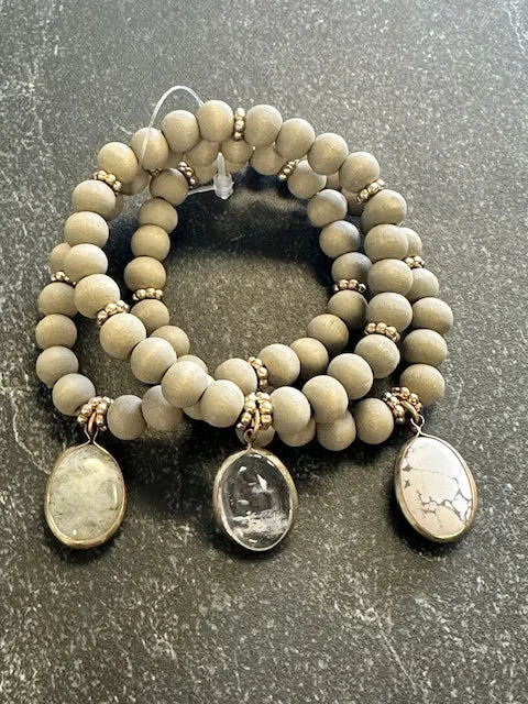 Gray Wood and Stone Bracelet Stacking Set