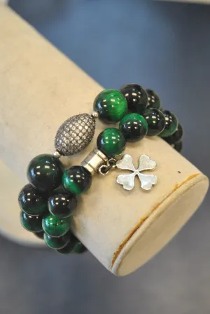 GREEN TIGERE EYE RHINESTONES AND CLOVE STRETCHY STATEMENT BRACELET SET
