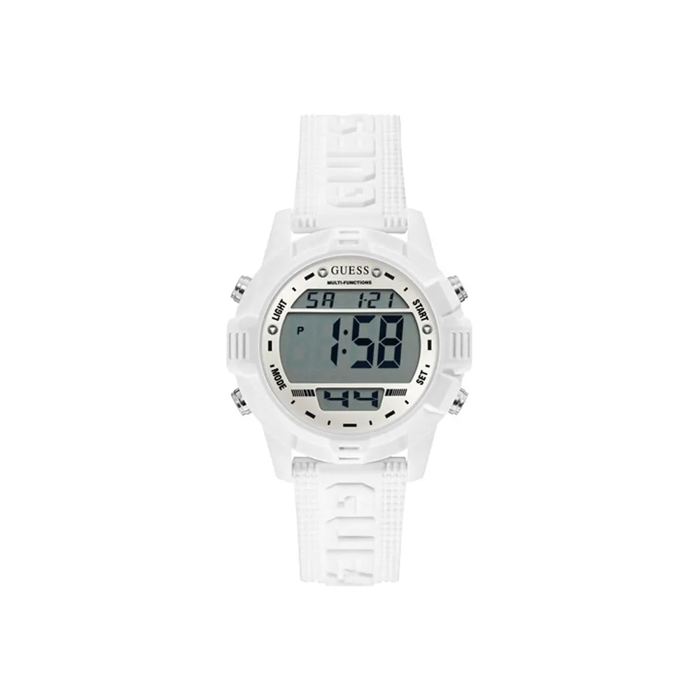 Guess Digital Watch White Case With White Sun Digital Dial And White Guess Logo Silicone Strap