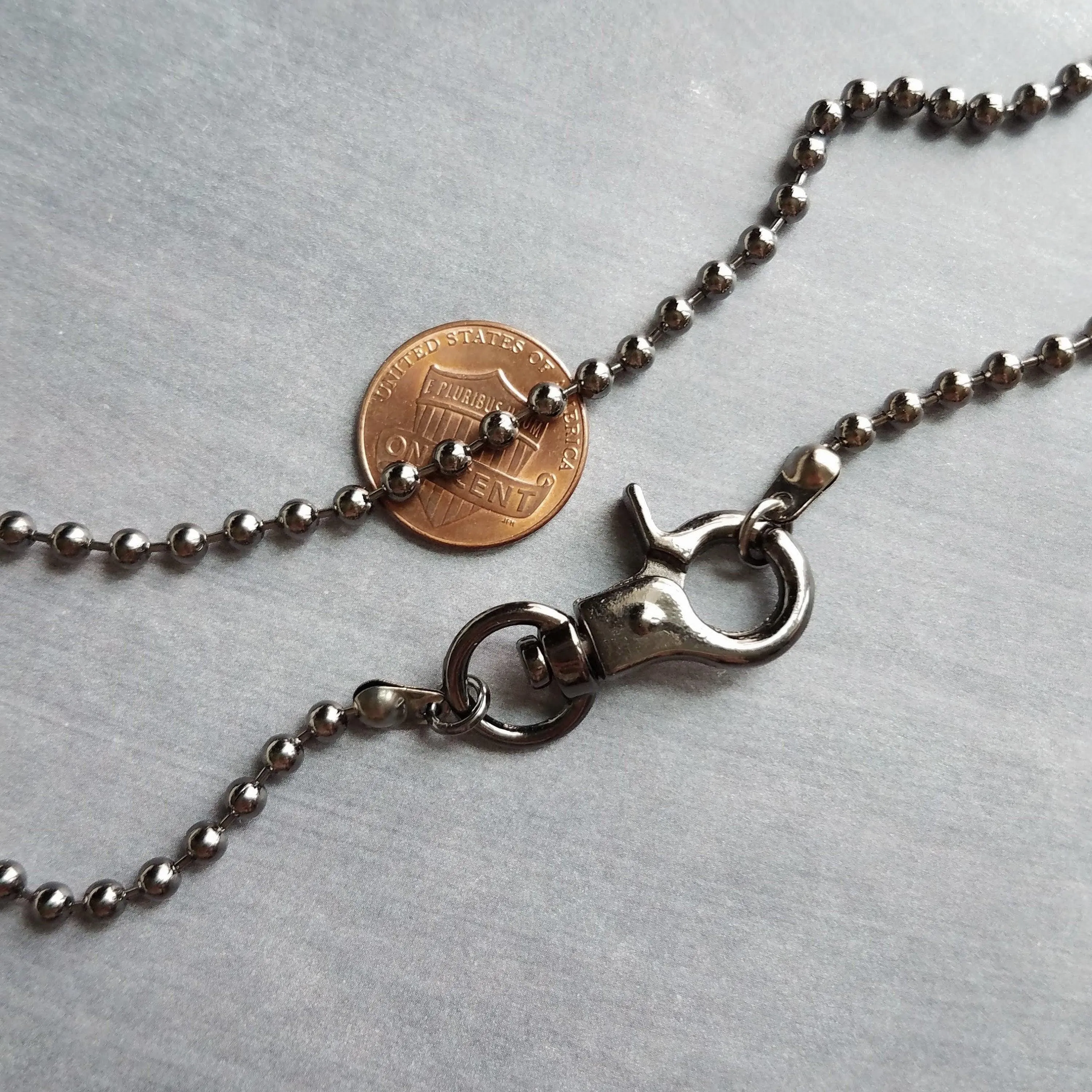 Gunmetal Necklace, black ball chain, gunmetal ball chain, ball necklace, front clasp necklace silvery black chain large clasp lobster parrot
