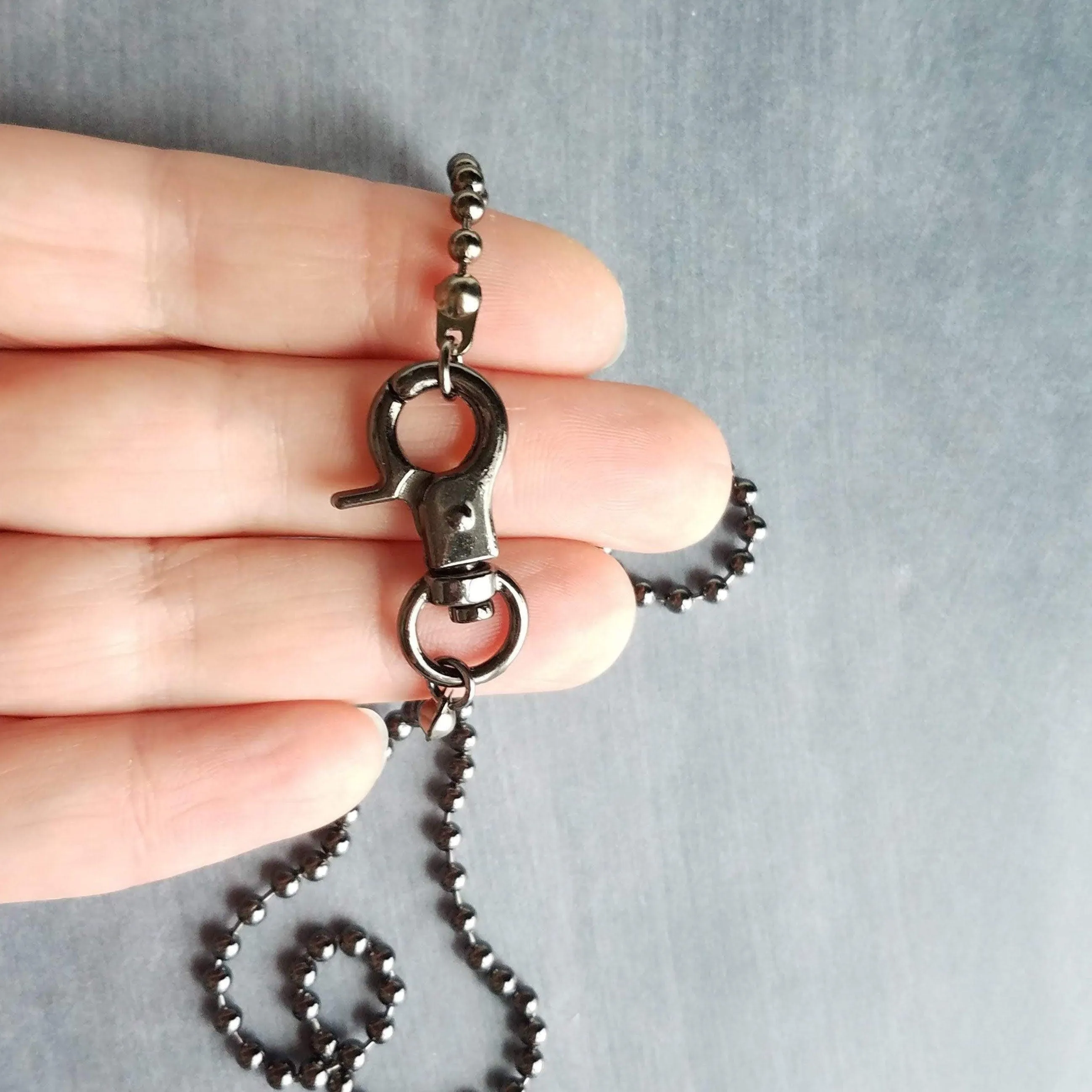 Gunmetal Necklace, black ball chain, gunmetal ball chain, ball necklace, front clasp necklace silvery black chain large clasp lobster parrot
