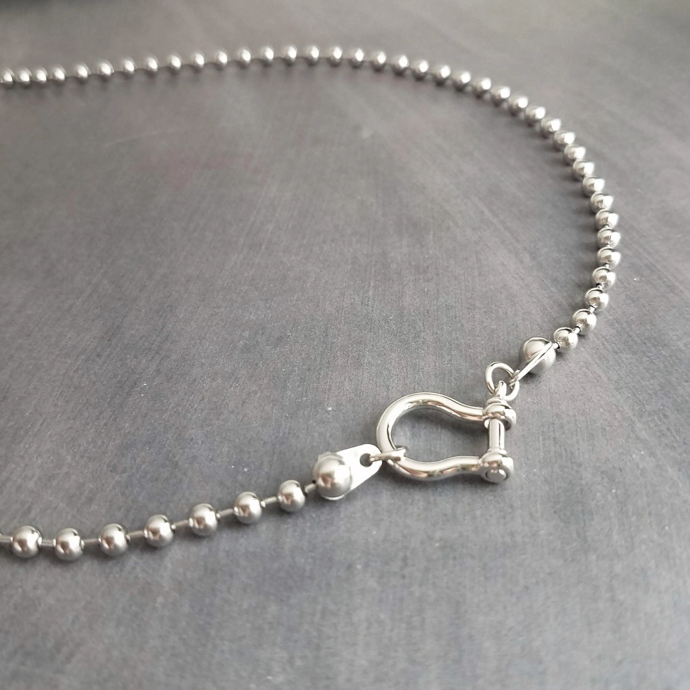 Gunmetal Necklace, black ball chain, gunmetal ball chain, ball necklace, front clasp necklace silvery black chain large clasp lobster parrot