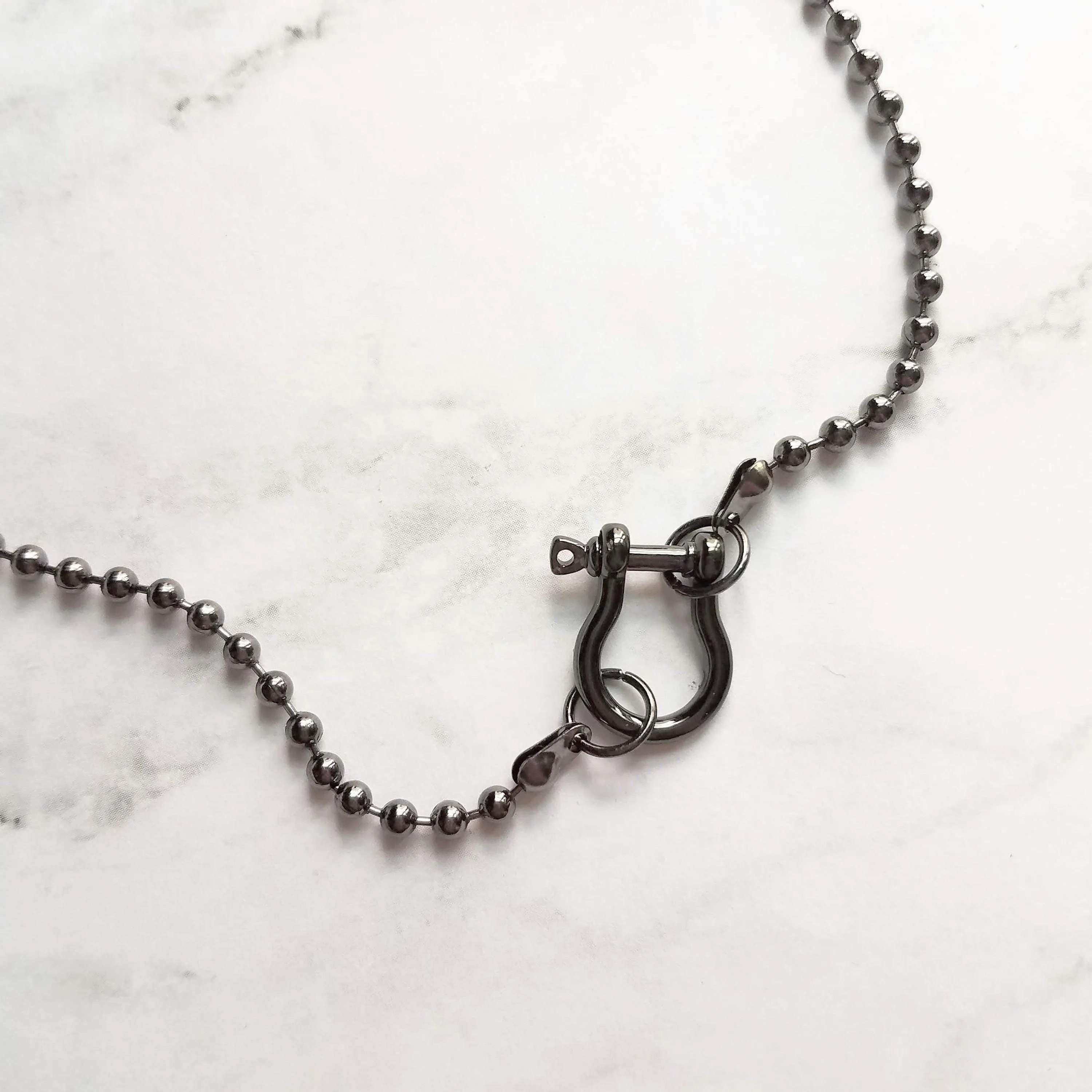 Gunmetal Necklace, black ball chain, gunmetal ball chain, ball necklace, front clasp necklace silvery black chain large clasp lobster parrot