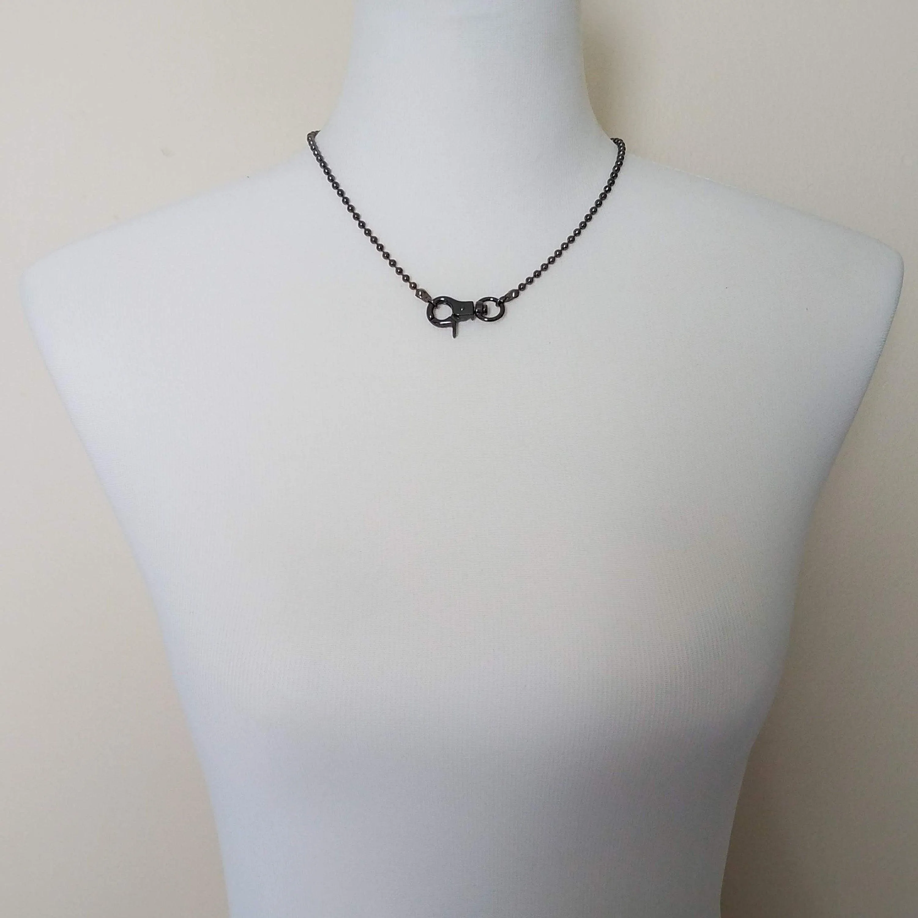Gunmetal Necklace, black ball chain, gunmetal ball chain, ball necklace, front clasp necklace silvery black chain large clasp lobster parrot