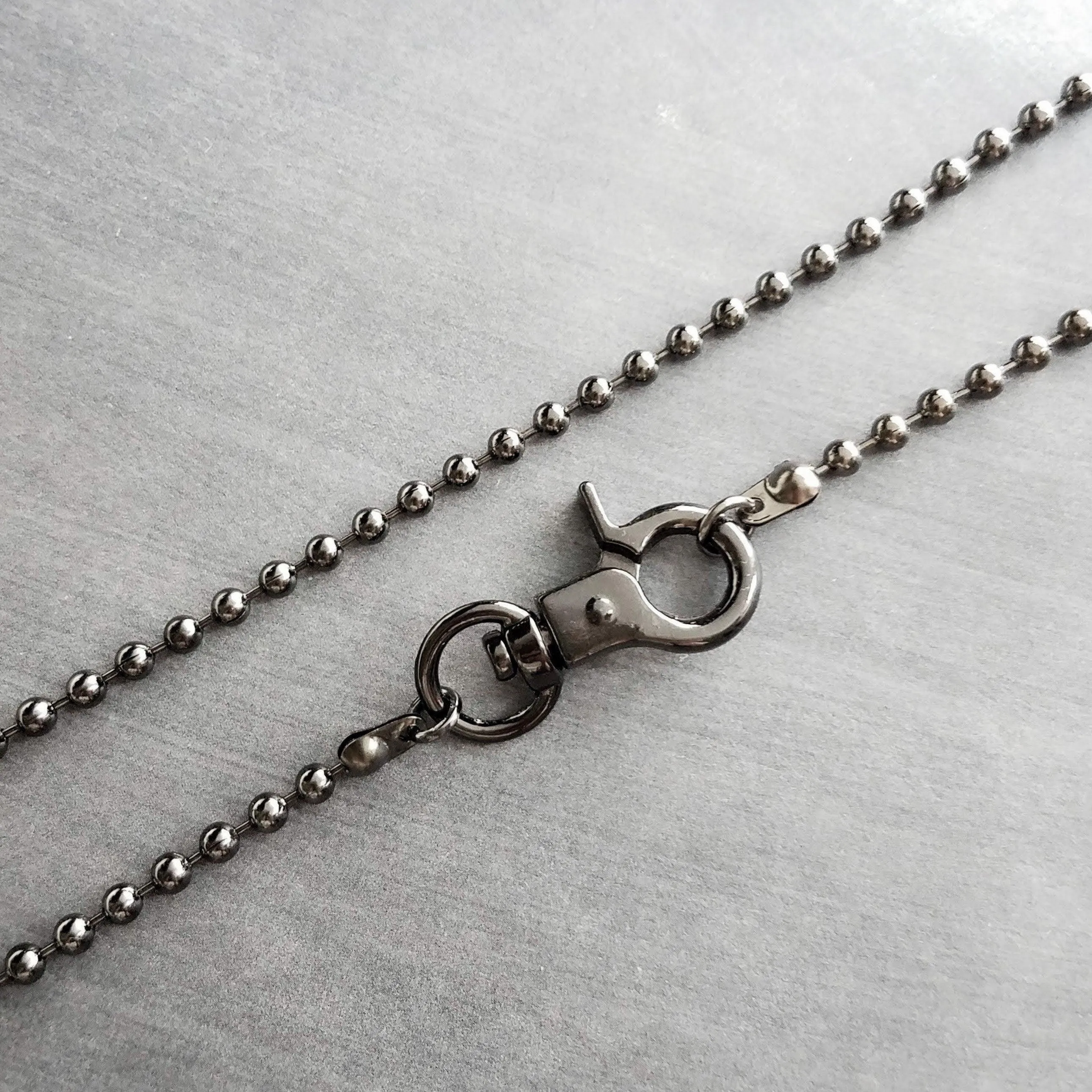 Gunmetal Necklace, black ball chain, gunmetal ball chain, ball necklace, front clasp necklace silvery black chain large clasp lobster parrot
