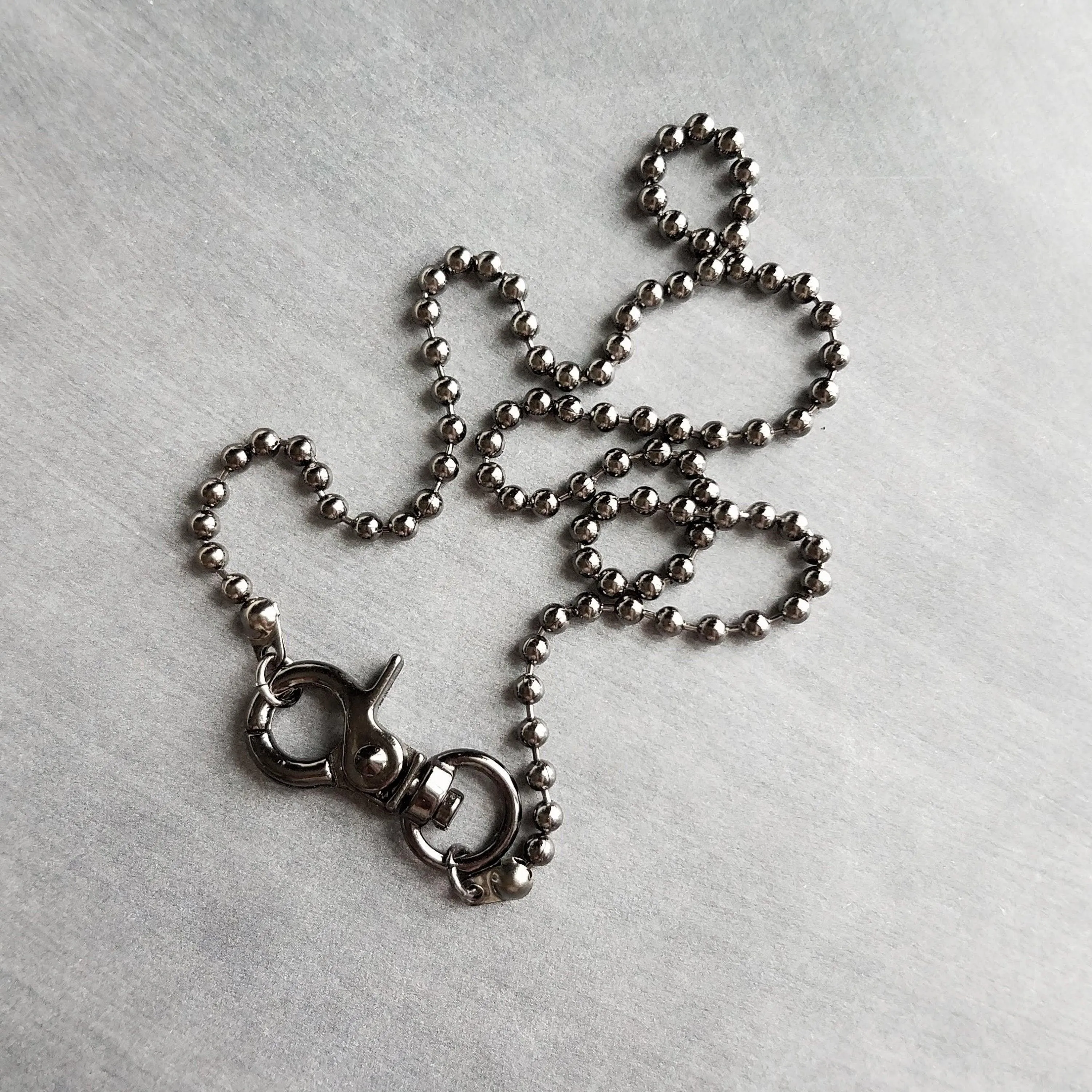 Gunmetal Necklace, black ball chain, gunmetal ball chain, ball necklace, front clasp necklace silvery black chain large clasp lobster parrot