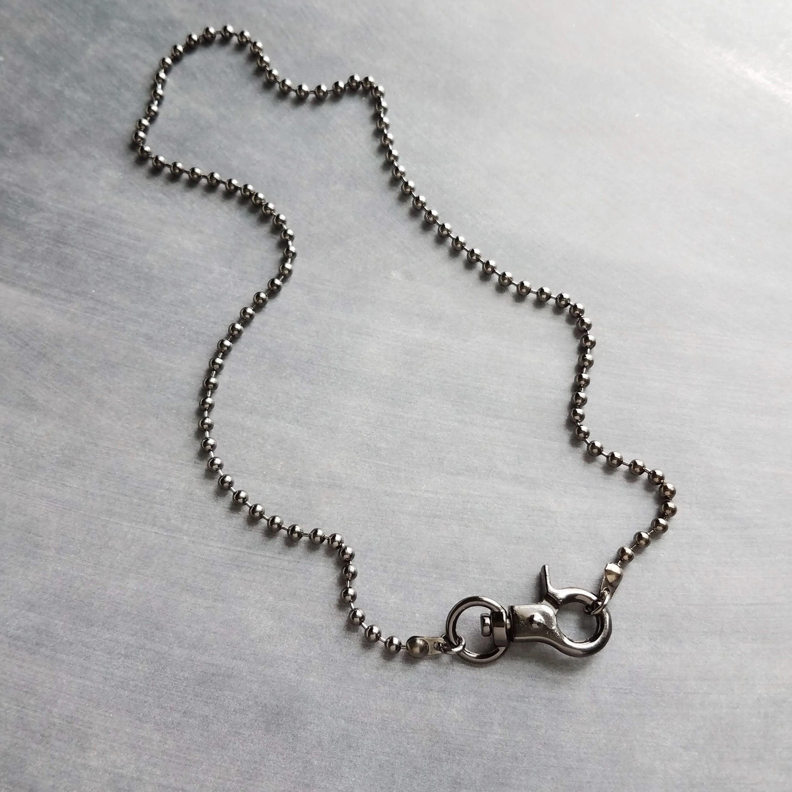 Gunmetal Necklace, black ball chain, gunmetal ball chain, ball necklace, front clasp necklace silvery black chain large clasp lobster parrot