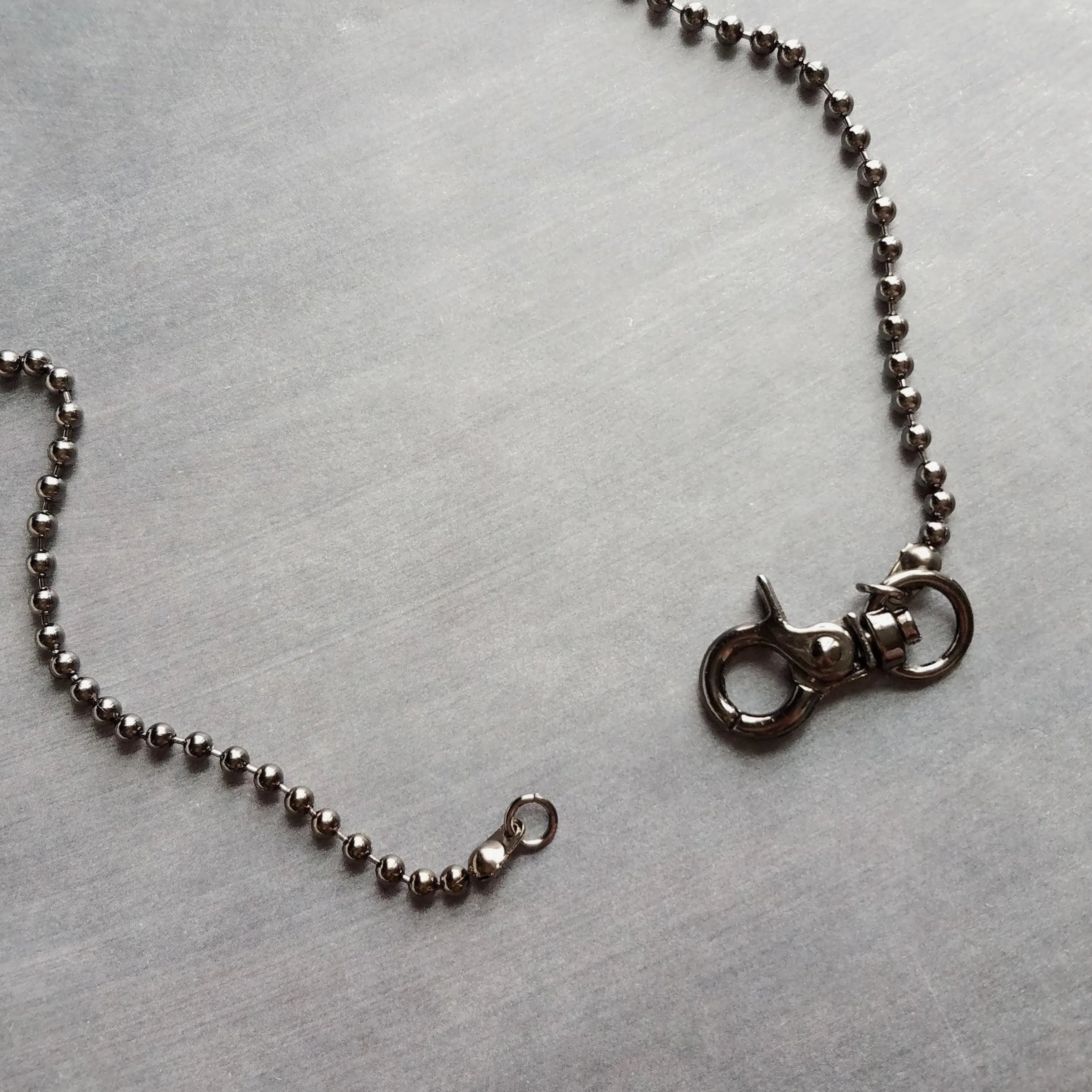 Gunmetal Necklace, black ball chain, gunmetal ball chain, ball necklace, front clasp necklace silvery black chain large clasp lobster parrot