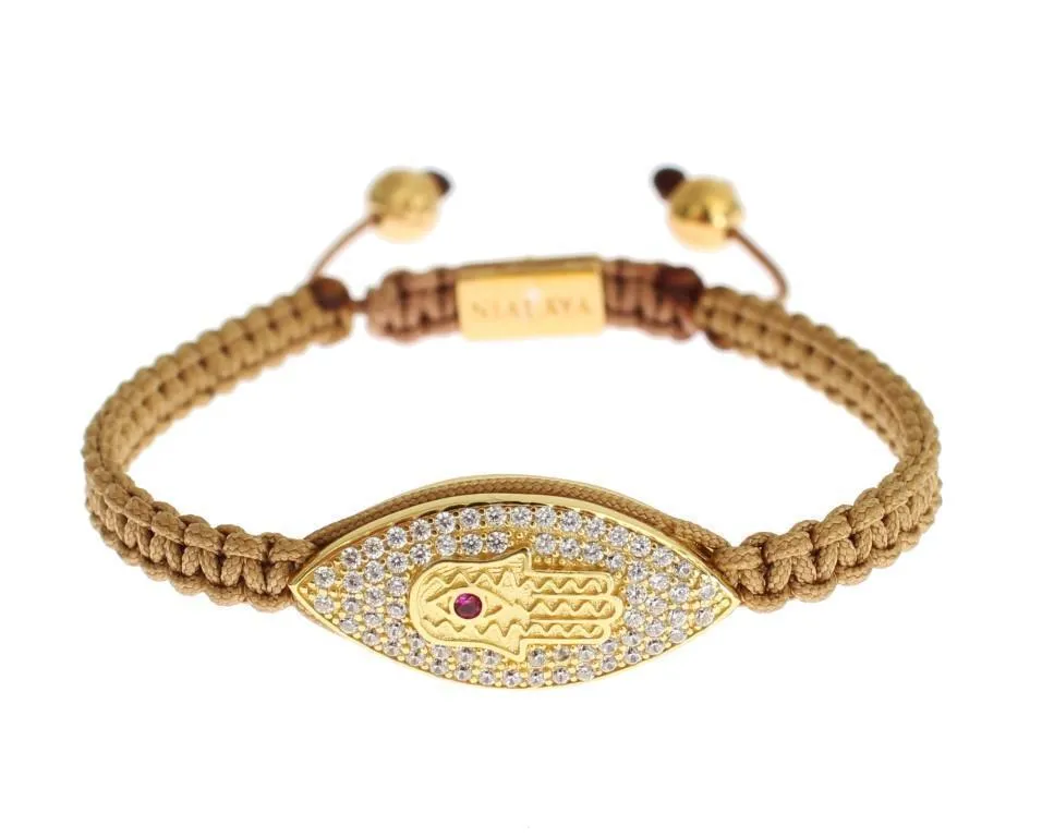 Hamsa Hand Red CZ Gold 925 Silver Bracelet