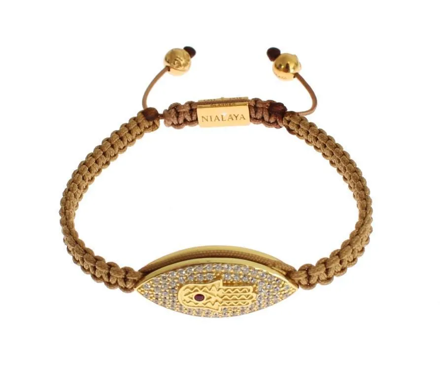 Hamsa Hand Red CZ Gold 925 Silver Bracelet