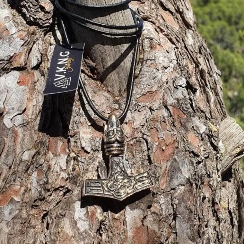 Handcrafted Thor's Hammer Mjolnir Raven Head Pendant Bronze