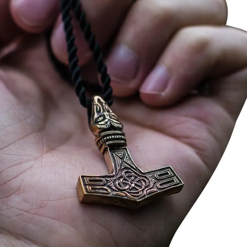 Handcrafted Thor's Hammer Mjolnir Raven Head Pendant Bronze