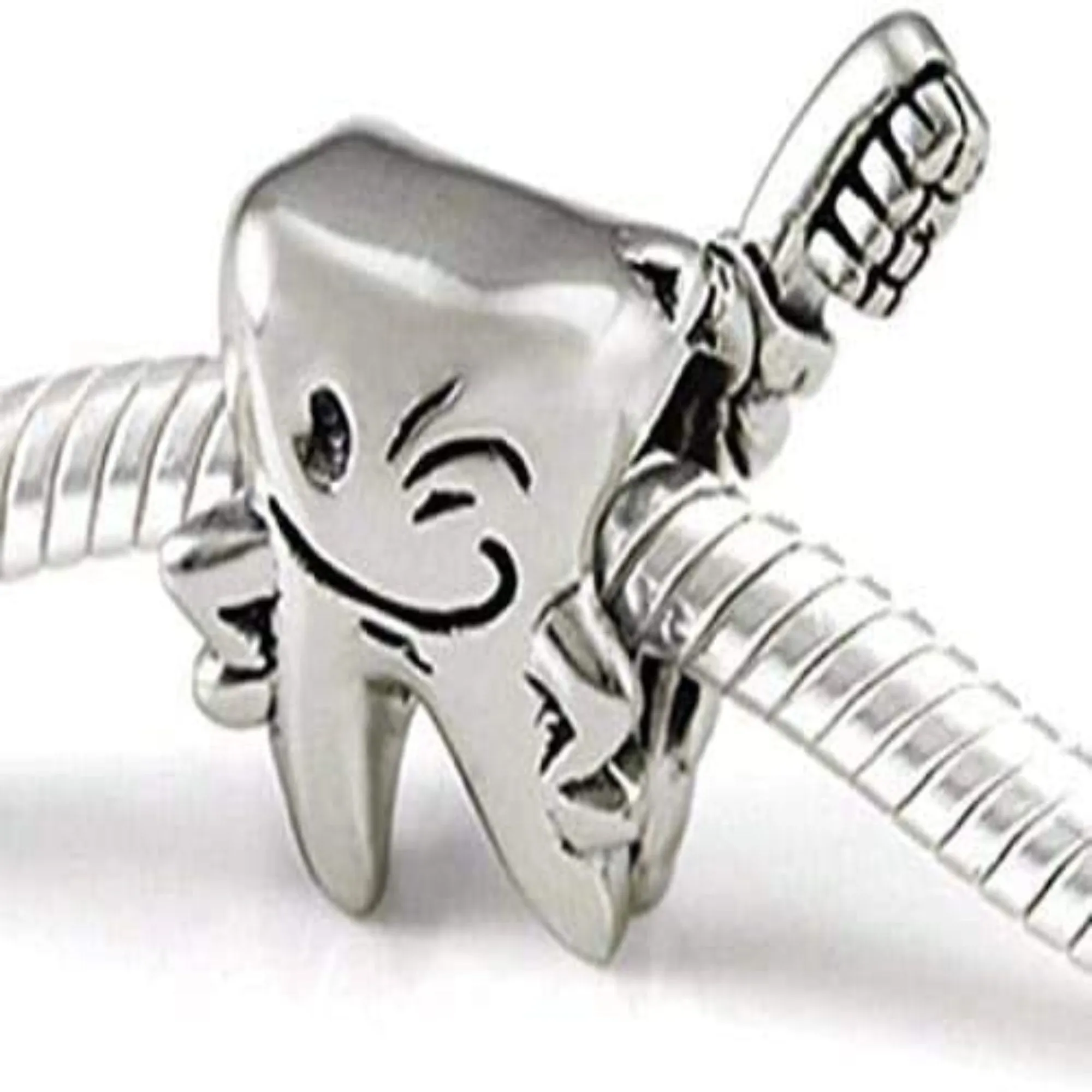 Happy Tooth Toothbrush Silver Bead Charm