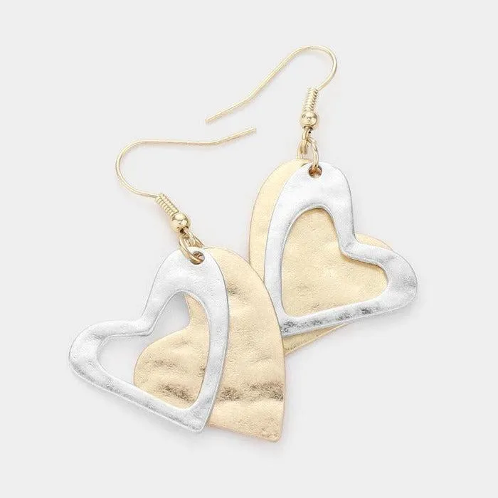 Heart Two Tone Double Metal Layered Earrings