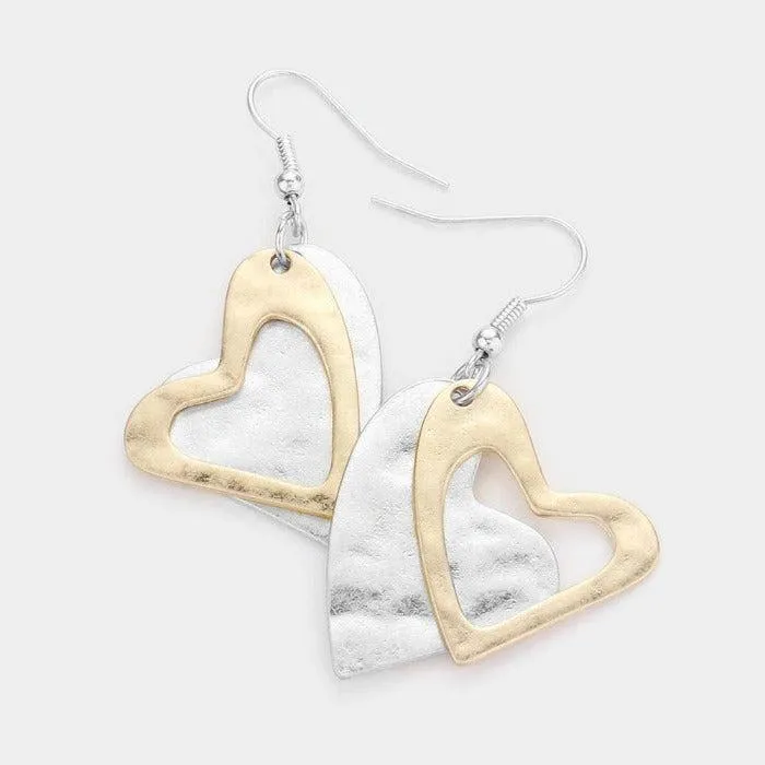 Heart Two Tone Double Metal Layered Earrings