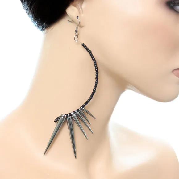 Hematite Black Curve Beaded Spike Earrings