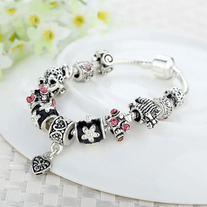 High Quality European Tibetan Silver Beads Bracelets & Bangles with Heart Charm for Women DIY Jewelry