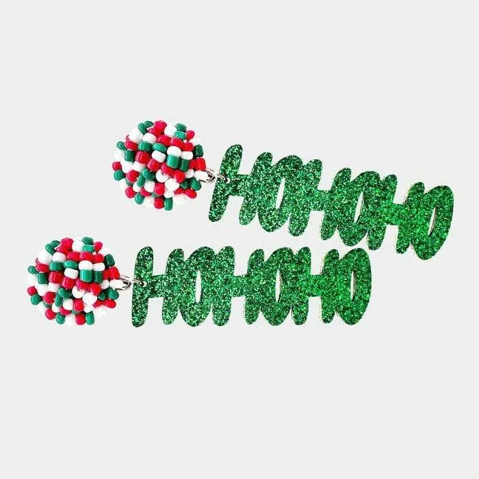 Ho Ho Ho Green Glitter Dangle Christmas Earrings