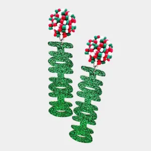 Ho Ho Ho Green Glitter Dangle Christmas Earrings