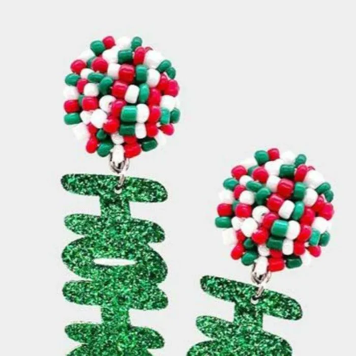 Ho Ho Ho Green Glitter Dangle Christmas Earrings