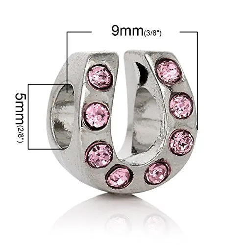 Horse Shoe W/ Pink  Crystals Bead Compatible for Most European Snake Chain Bracelet