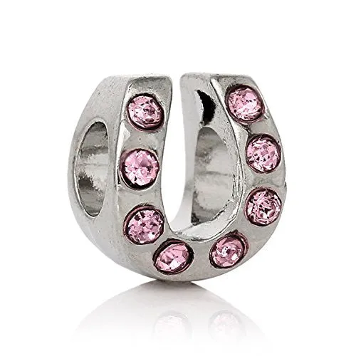 Horse Shoe W/ Pink  Crystals Bead Compatible for Most European Snake Chain Bracelet