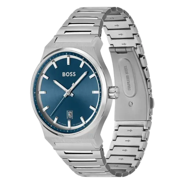 Hugo Boss Candor Silver Stainless Steel Blue Dial Quartz Watch for Gents - Boss 1514076