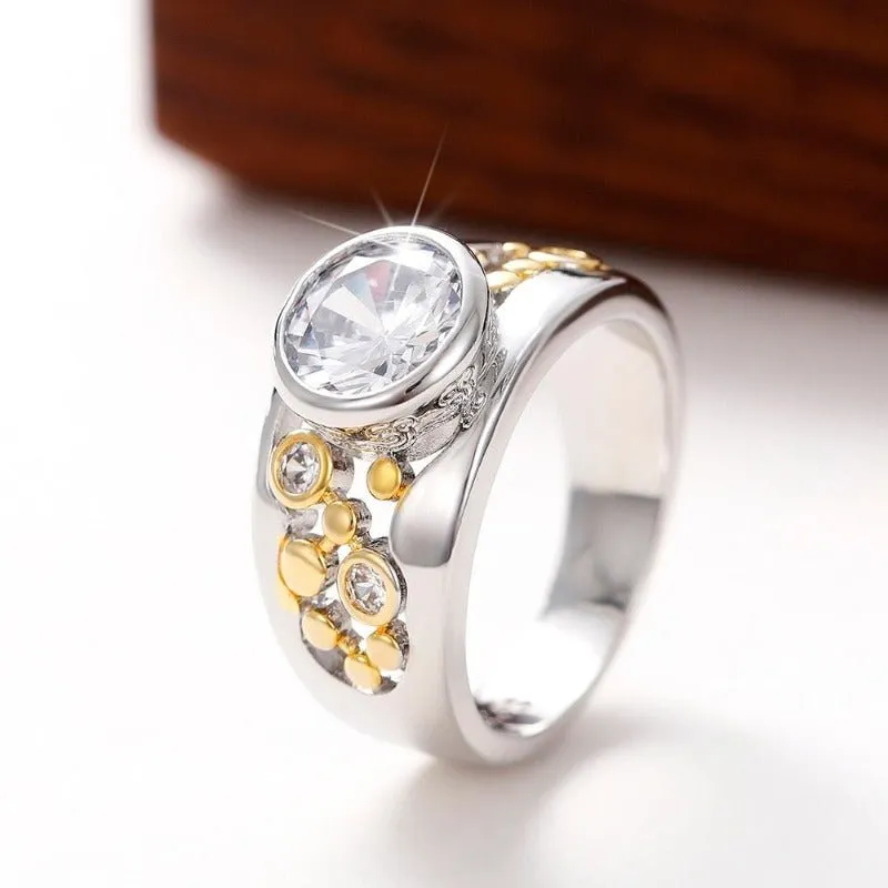 Inlaid Two Tone Hollow Ring Zircon Women Band Anniversary Party Jewelry