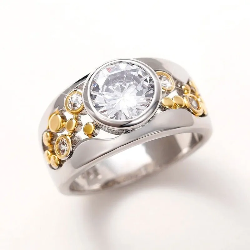 Inlaid Two Tone Hollow Ring Zircon Women Band Anniversary Party Jewelry