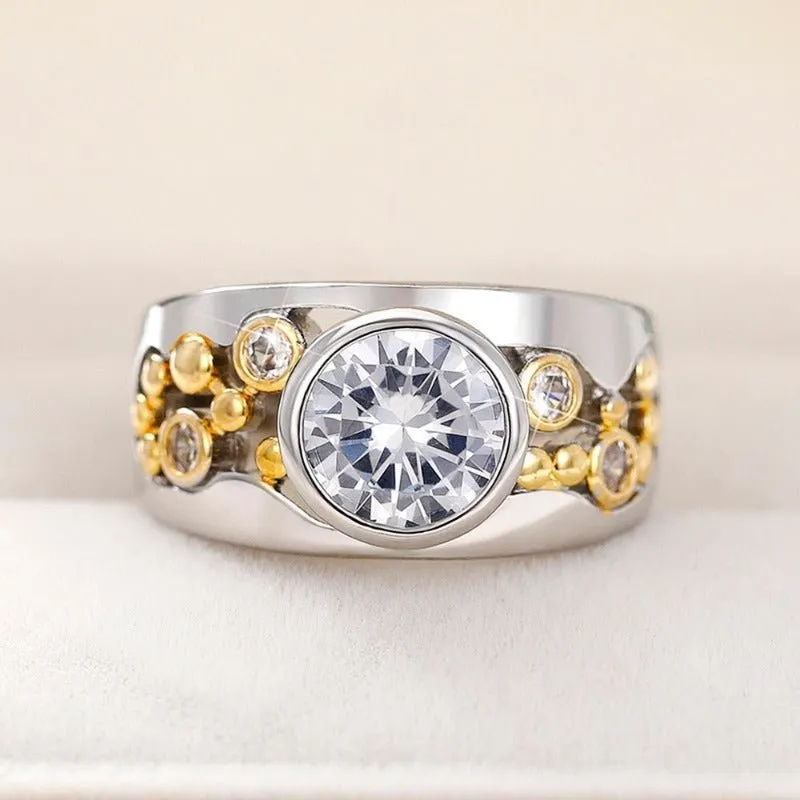 Inlaid Two Tone Hollow Ring Zircon Women Band Anniversary Party Jewelry