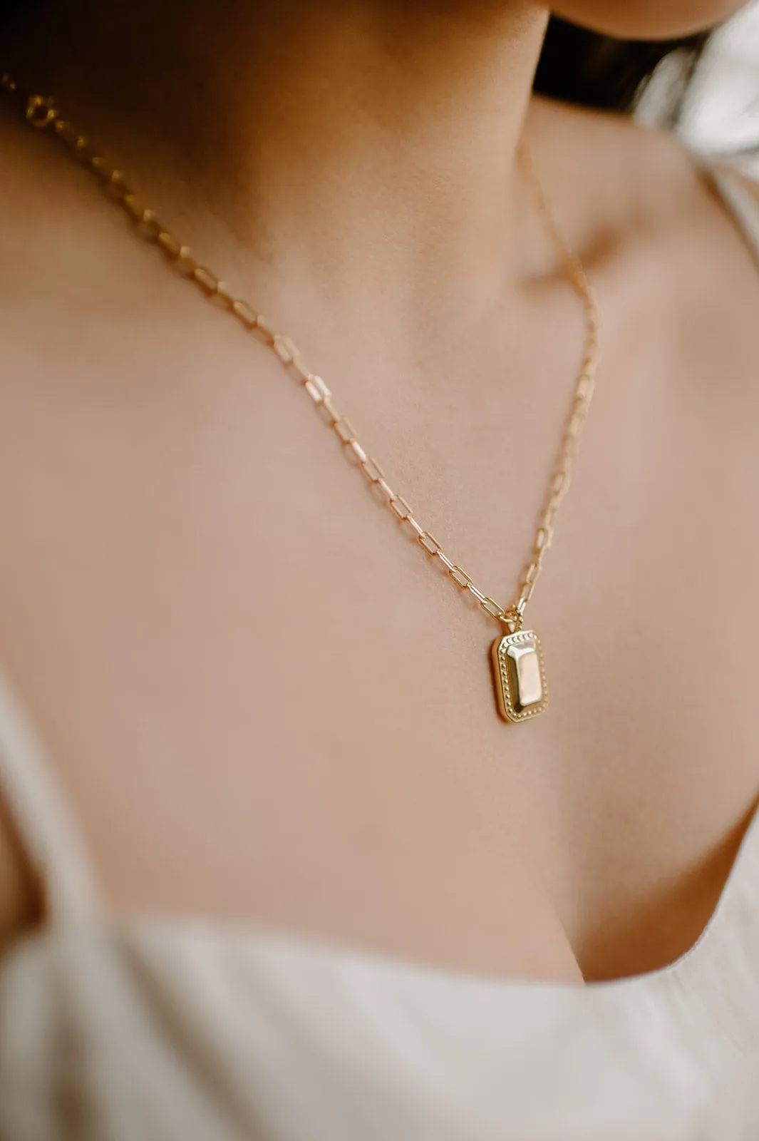 KEEGAN - Rectangular mirror vintage style gold coin link chain necklace, street style gold paperclip long chain stacking necklace stack 925