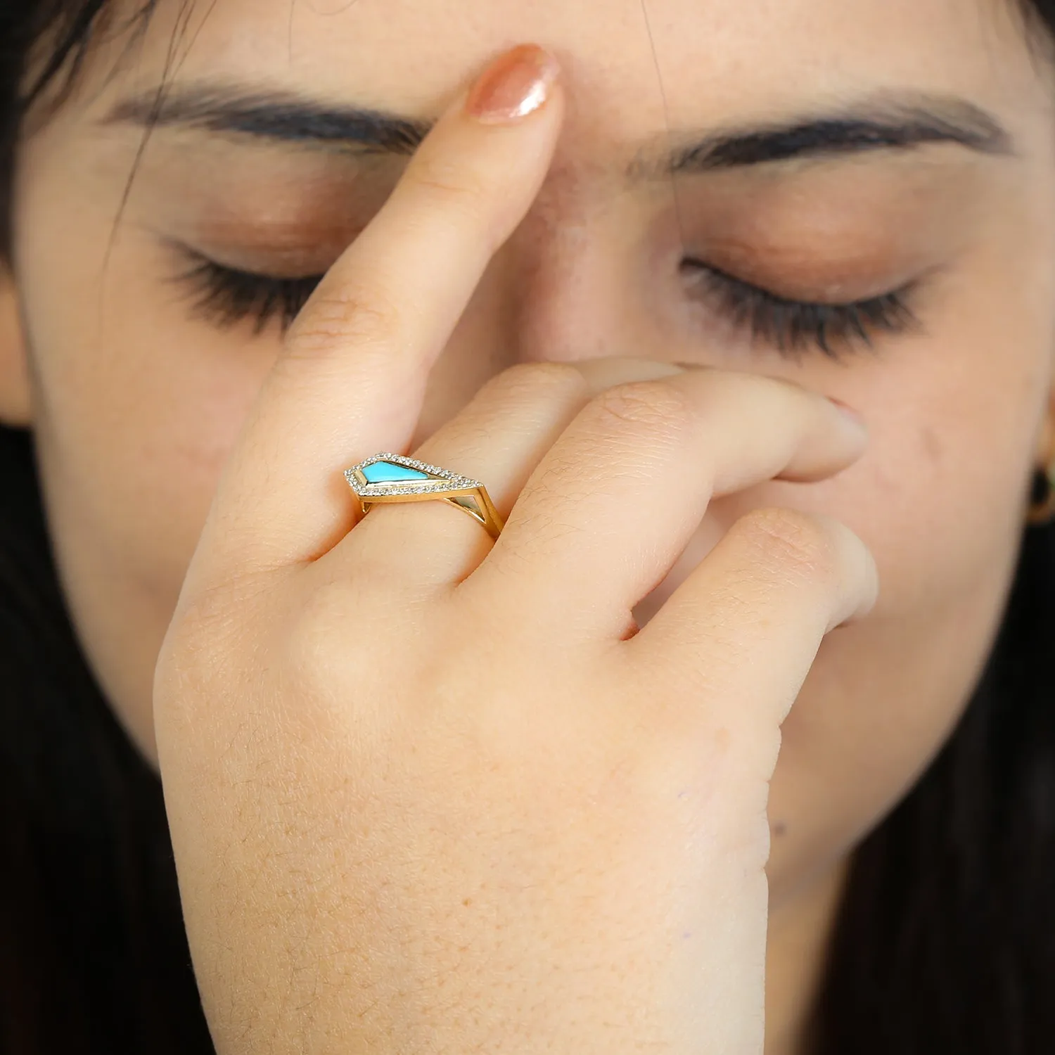 Kite Cut Turquoise Pave Diamond Geometric Dainty Ring In 18k Yellow Gold