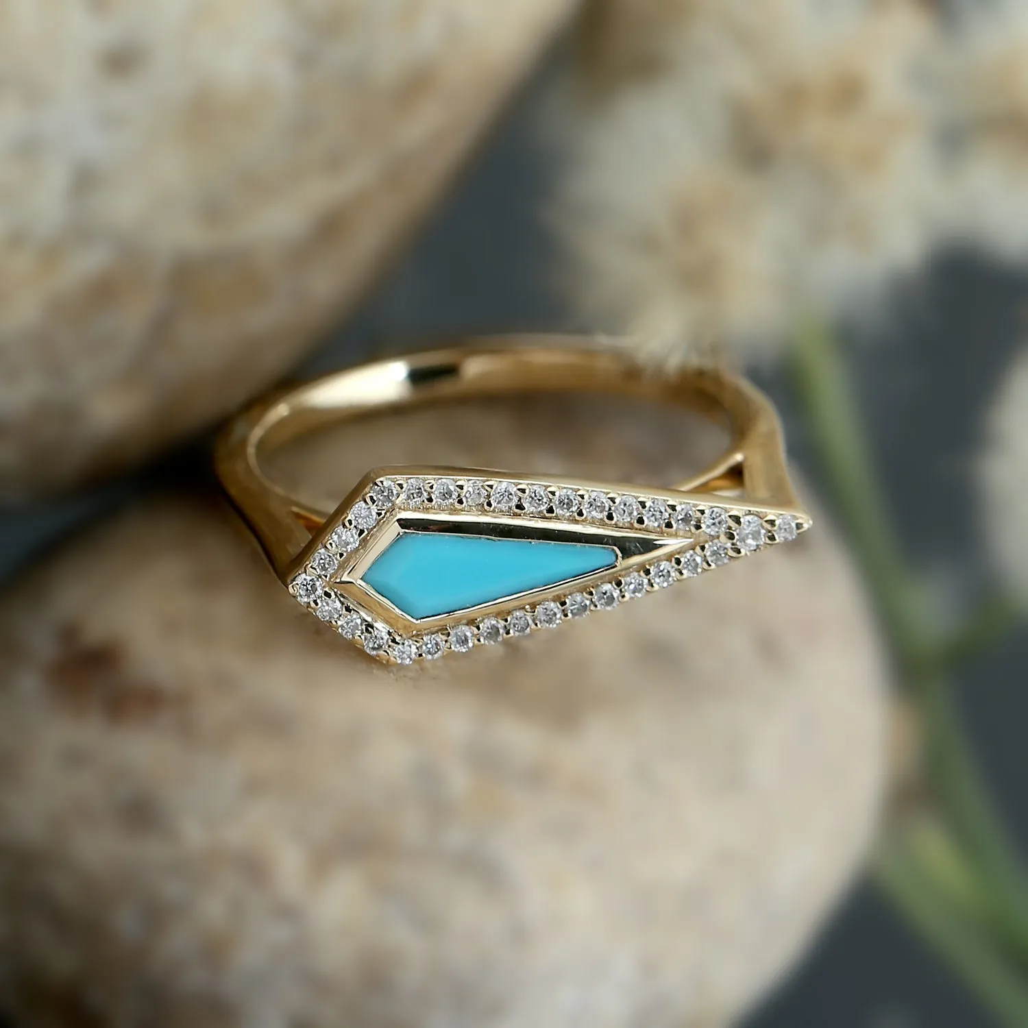 Kite Cut Turquoise Pave Diamond Geometric Dainty Ring In 18k Yellow Gold