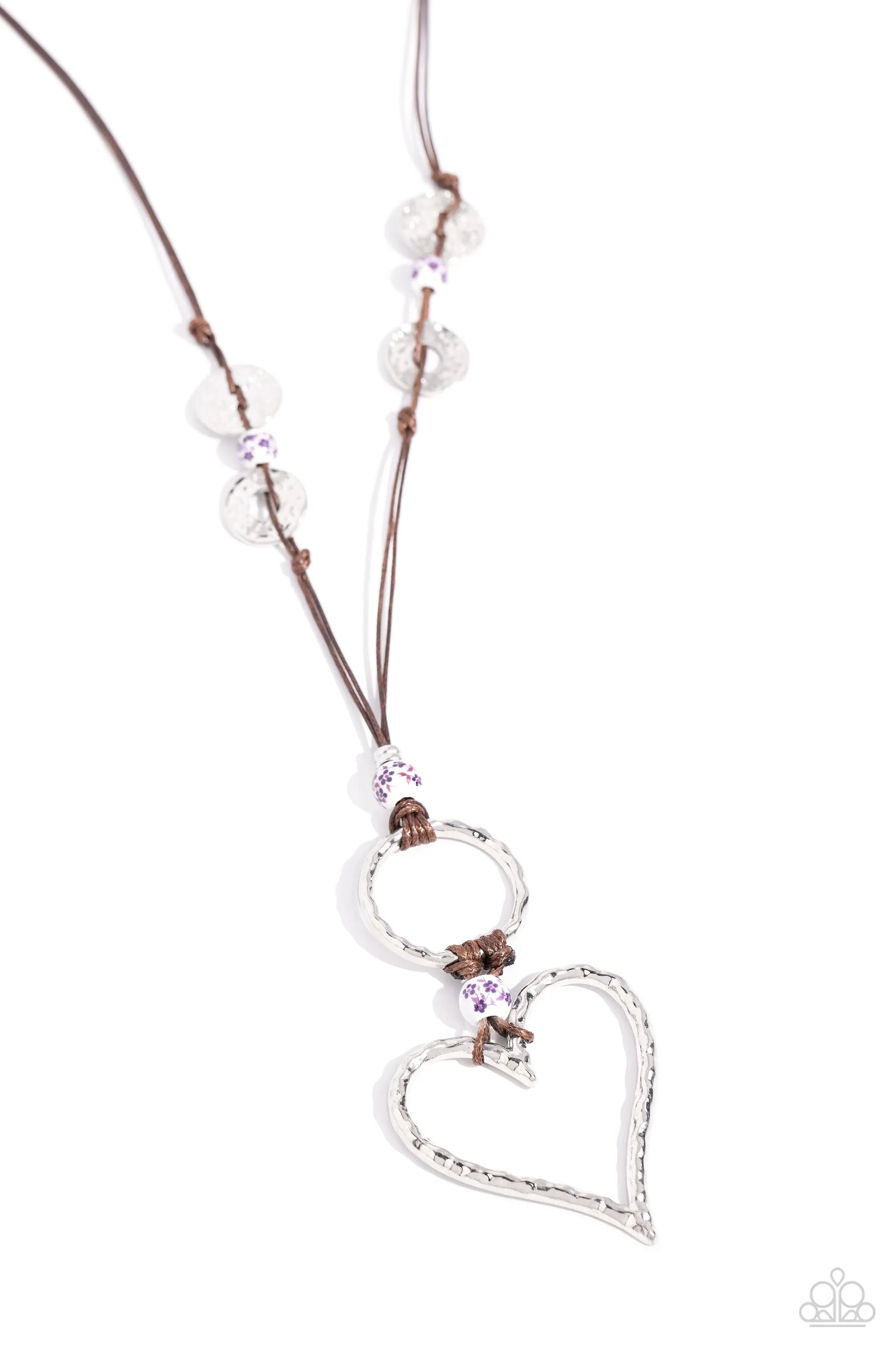 KNOT Over Yet - Purple - and White Floral Bead Hammered Heart Paparazzi Long Cord Necklace