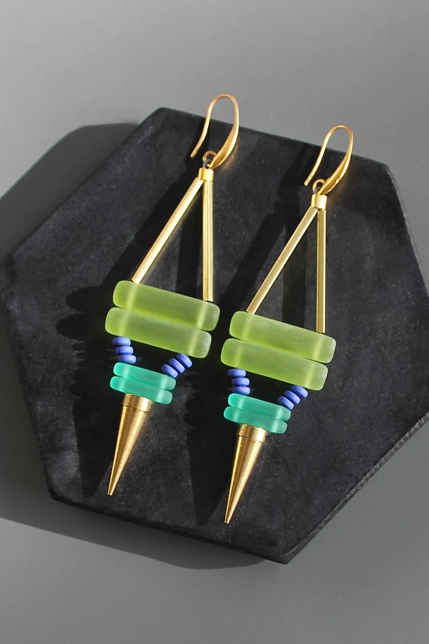 KYLE77 green and cobalt spike earrings