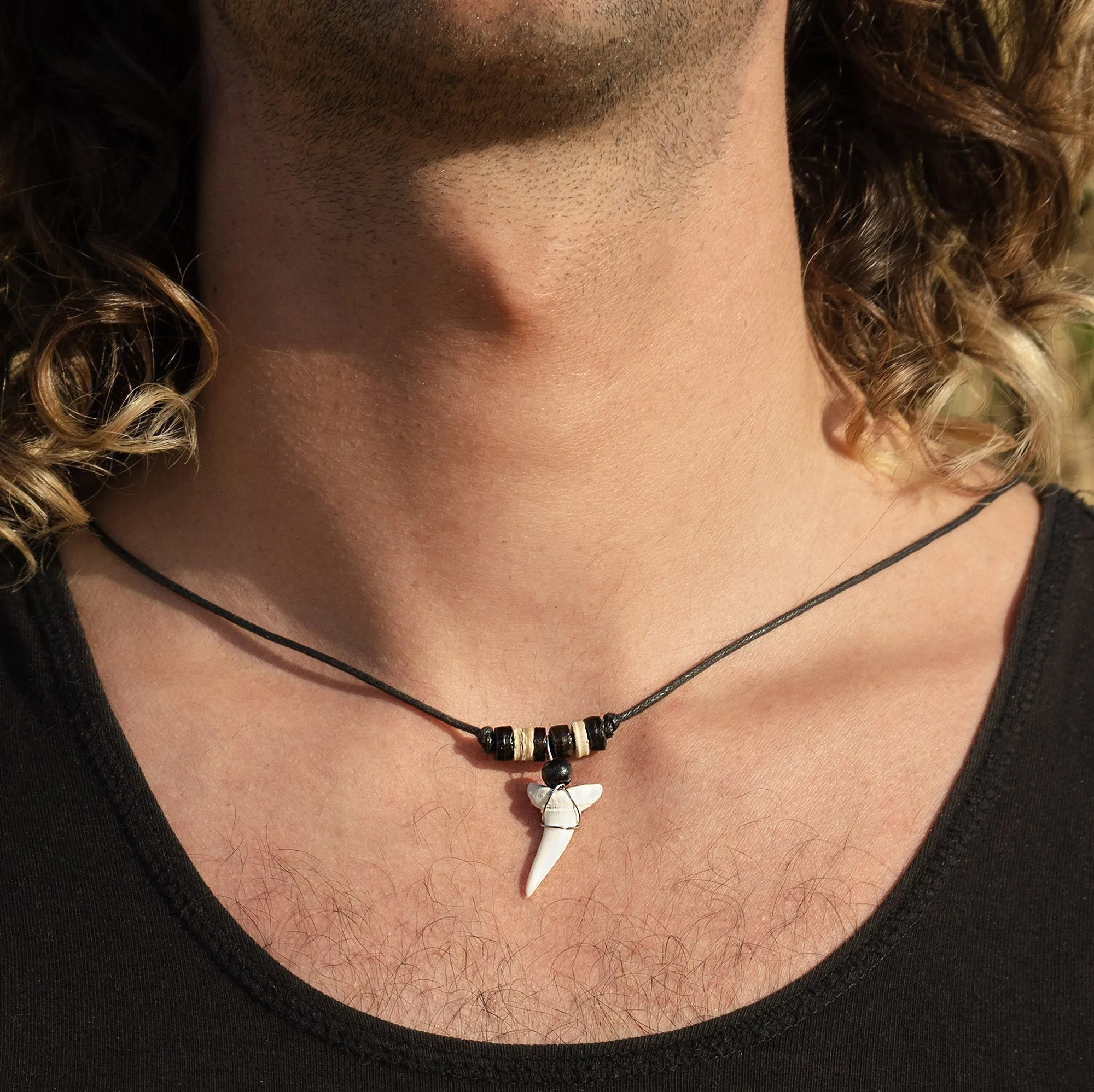 Large Mako shark tooth black white wood beads c98