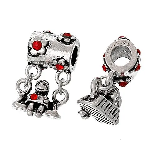 Little Girl on Swing w/ Red Crystals European European Bead Compatible for Most European Snake Chain Charm Bracelets
