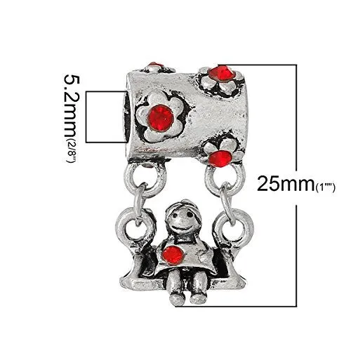 Little Girl on Swing w/ Red Crystals European European Bead Compatible for Most European Snake Chain Charm Bracelets