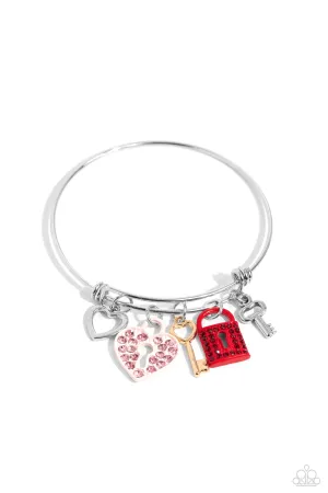 Locked Legacy - Multi - Red and Pink Rhinestone Heart, Lock and Key Charm Paparazzi Bangle Bracelet