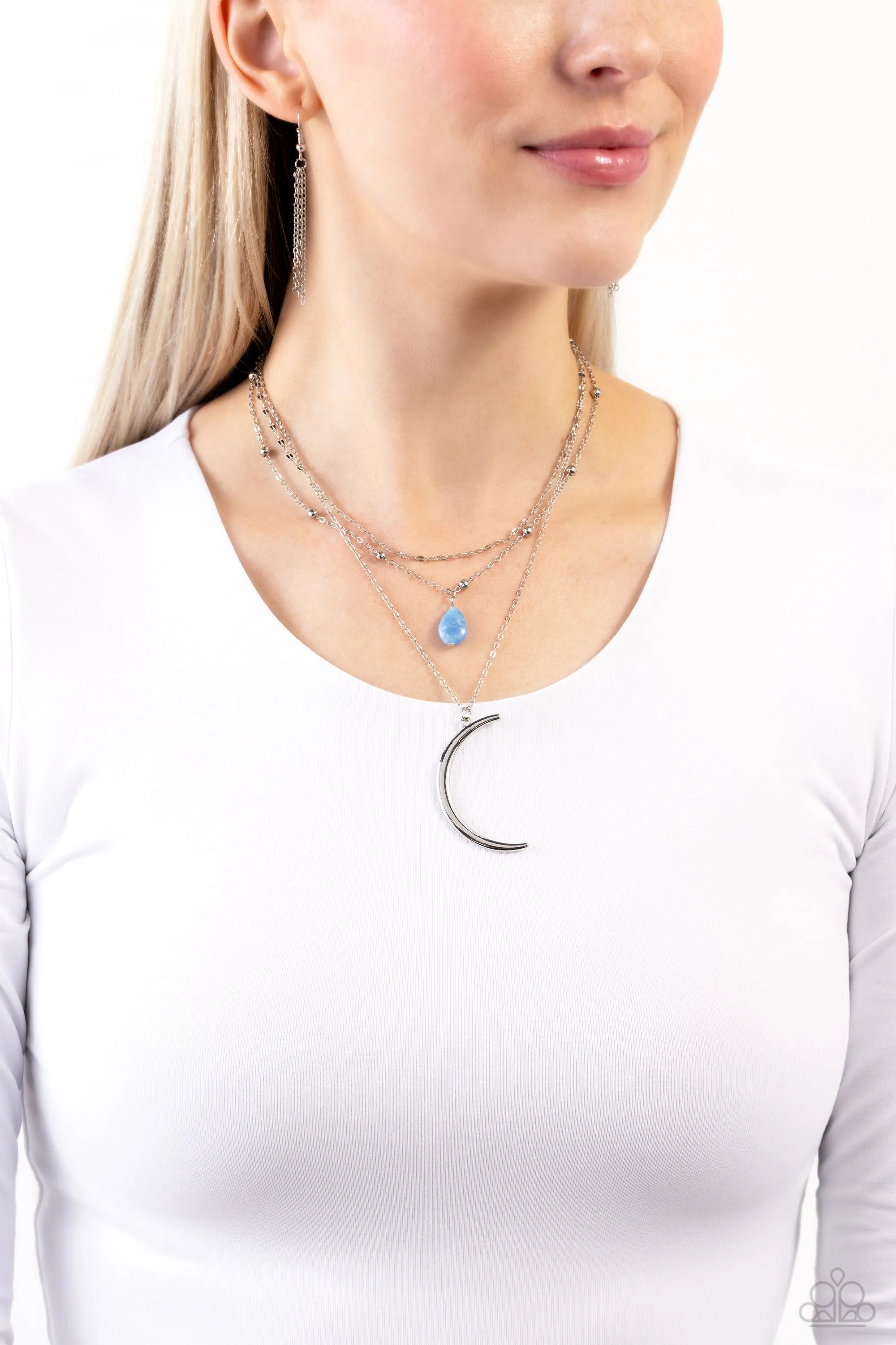 Lunar Landslide - Blue - Teardrop Bead Silver Tiered Moon Paparazzi Short Necklace