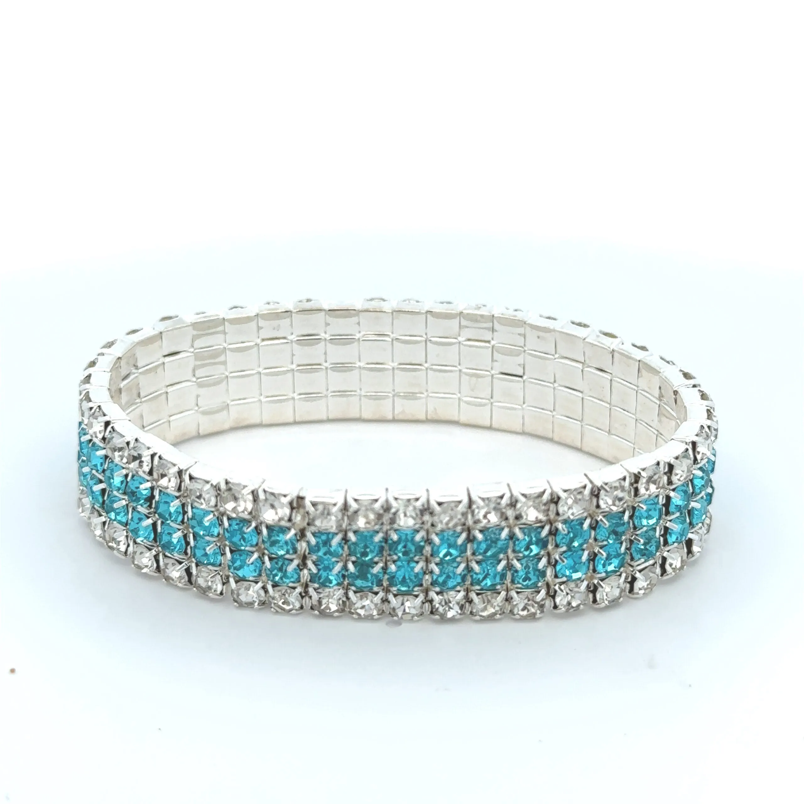 MADISON - clear teal silver 4 row stretch rhinestone bracelet