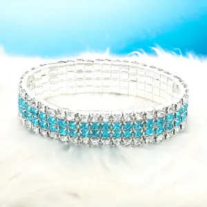 MADISON - clear teal silver 4 row stretch rhinestone bracelet