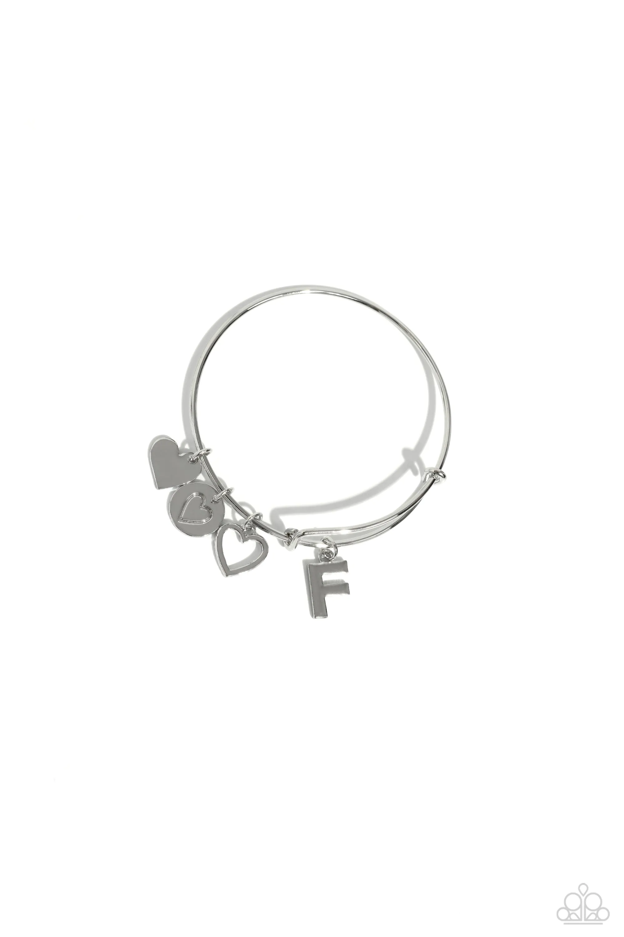 Making It INITIAL - Silver - F - Heart and Letter Charm Paparazzi Bangle Bracelet